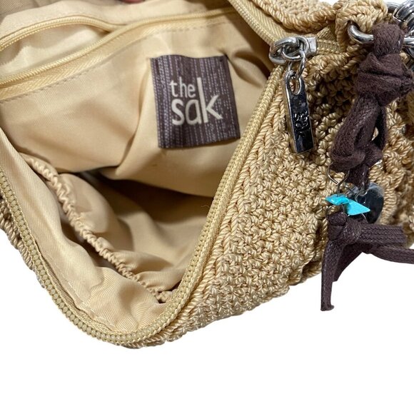 The Sak Womens Crocheted gold metallic underlay Crossbody Bag Beige beach boho - Picture 7 of 14